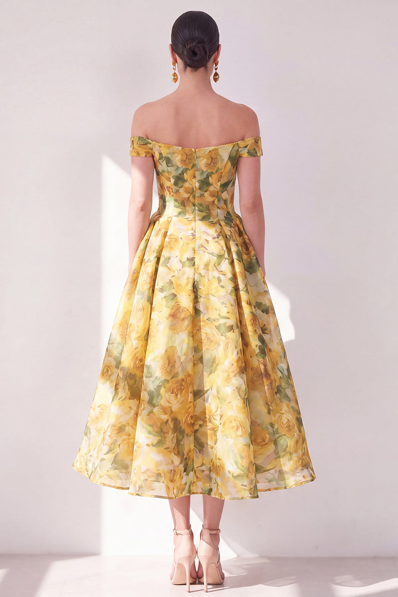 Laden Sie das Bild in den Galerie-Viewer, Off-the-shoulder A-Linie gelbes Chiffon-bedrucktes florales Midi-Kleid mit Taschen