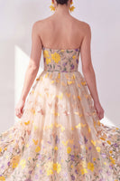 Laden Sie das Bild in den Galerie-Viewer, Aprikosenfarbenes trägerloses A-Line-Tüll-Sticked-Midi-Kleid