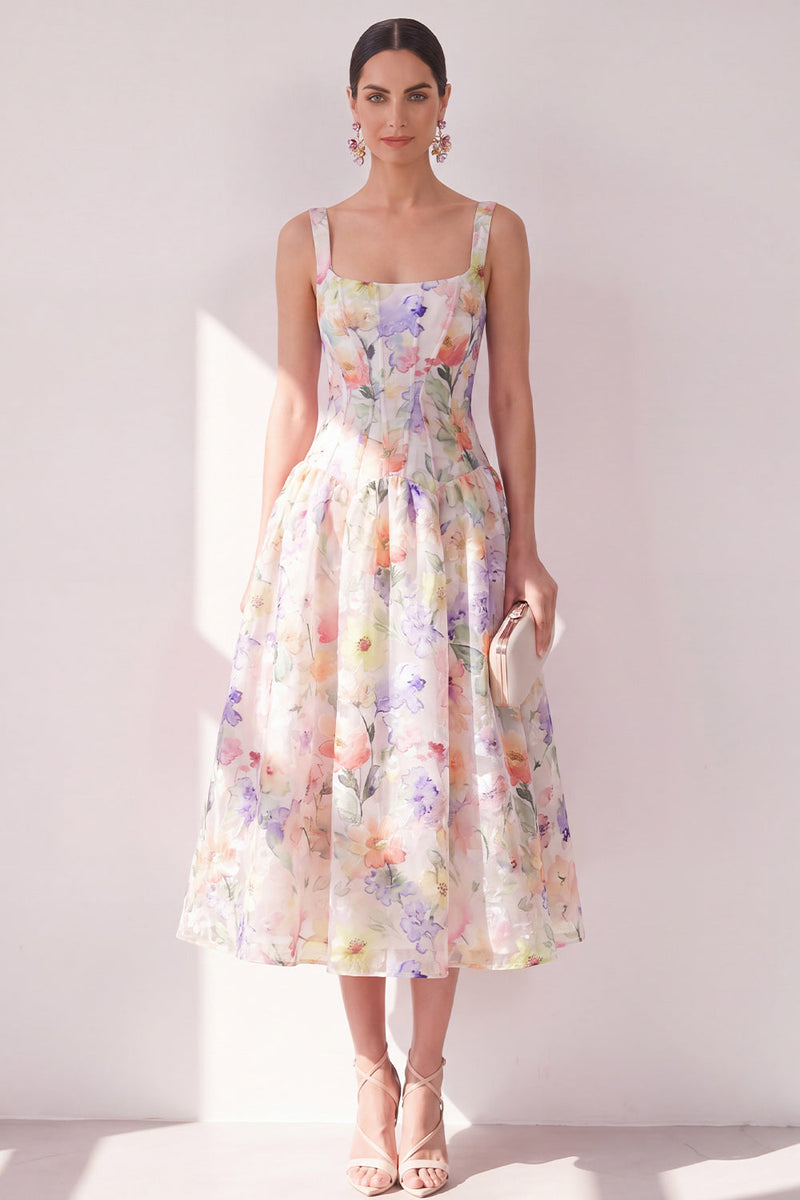 Laden Sie das Bild in den Galerie-Viewer, Weißes lila Blumen-A-Linien-Chiffon-Korsett-Korsett-Midi-Kleid