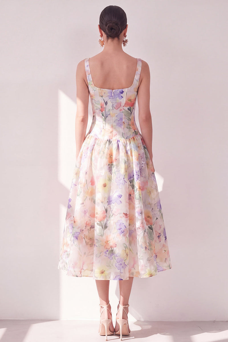 Laden Sie das Bild in den Galerie-Viewer, Weißes lila Blumen-A-Linien-Chiffon-Korsett-Korsett-Midi-Kleid