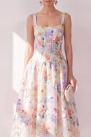 Laden Sie das Bild in den Galerie-Viewer, Weißes lila Blumen-A-Linien-Chiffon-Korsett-Korsett-Midi-Kleid