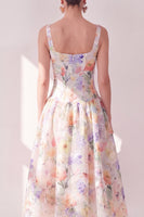 Laden Sie das Bild in den Galerie-Viewer, Weißes lila Blumen-A-Linien-Chiffon-Korsett-Korsett-Midi-Kleid