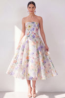 Laden Sie das Bild in den Galerie-Viewer, A-Linie weißes lila Blumenträger-Chiffon-Midi-Kleid