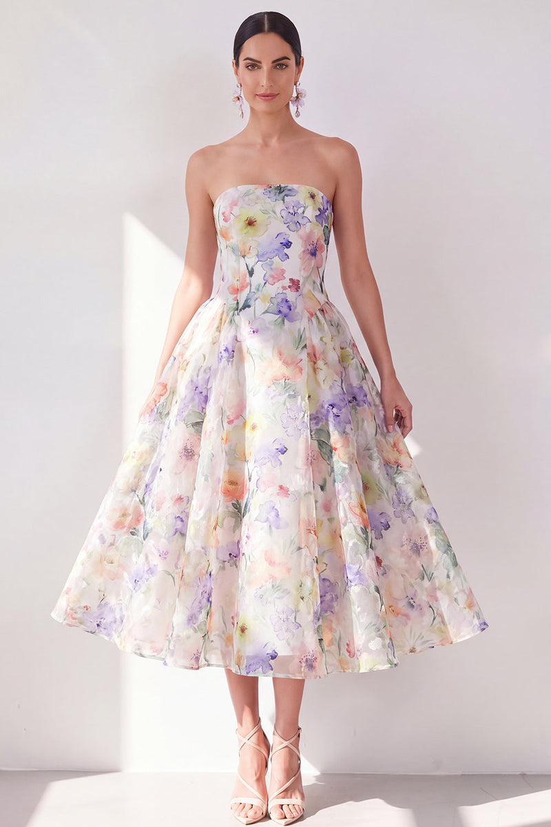 Laden Sie das Bild in den Galerie-Viewer, A-Linie weißes lila Blumenträger-Chiffon-Midi-Kleid