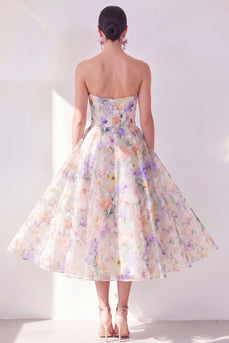 A-Linie weißes lila Blumenträger-Chiffon-Midi-Kleid