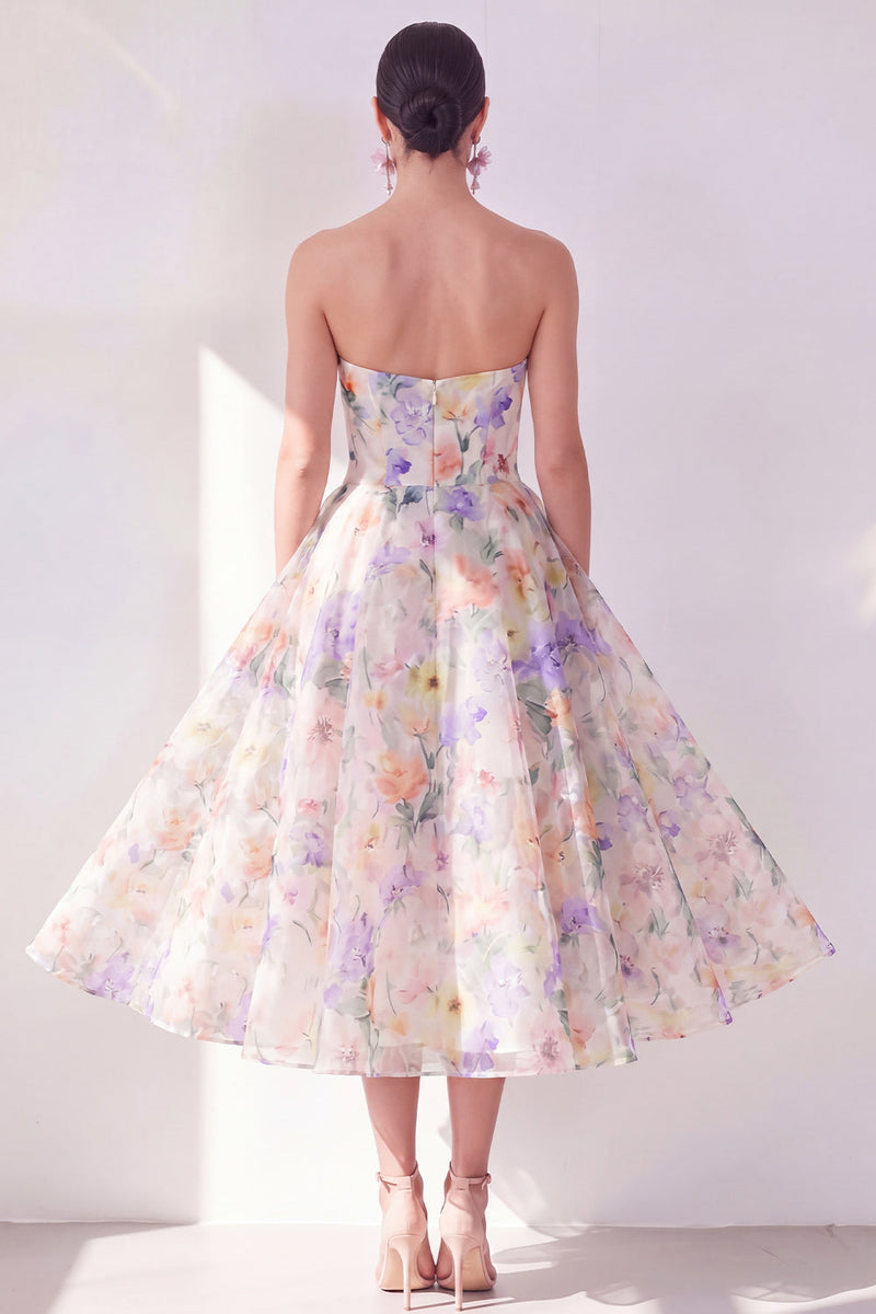 Laden Sie das Bild in den Galerie-Viewer, A-Linie weißes lila Blumenträger-Chiffon-Midi-Kleid