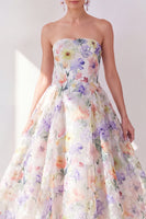 Laden Sie das Bild in den Galerie-Viewer, A-Linie weißes lila Blumenträger-Chiffon-Midi-Kleid