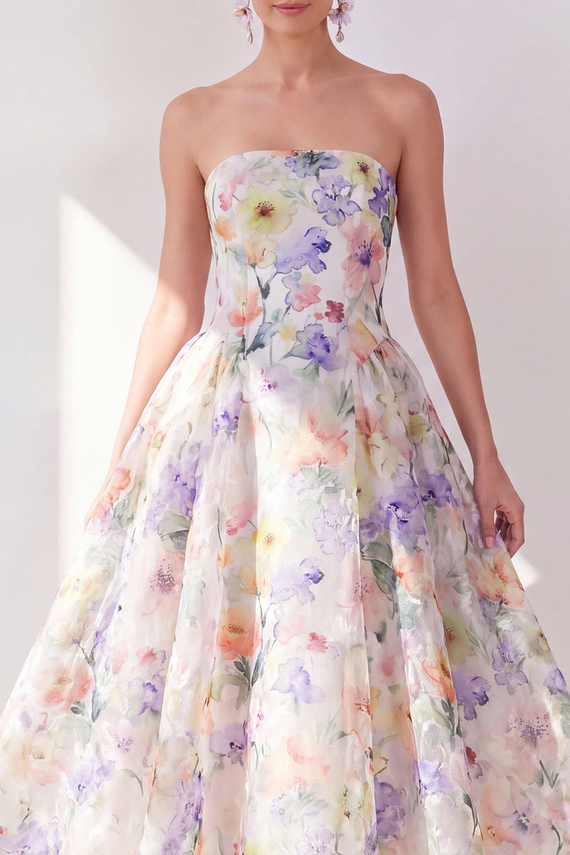 Laden Sie das Bild in den Galerie-Viewer, A-Linie weißes lila Blumenträger-Chiffon-Midi-Kleid