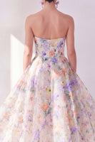Laden Sie das Bild in den Galerie-Viewer, A-Linie weißes lila Blumenträger-Chiffon-Midi-Kleid