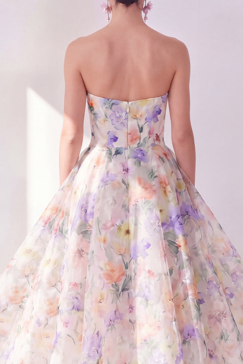 Laden Sie das Bild in den Galerie-Viewer, A-Linie weißes lila Blumenträger-Chiffon-Midi-Kleid