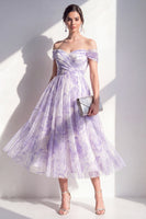 Laden Sie das Bild in den Galerie-Viewer, Fliederfarbenes A-Linien-Falsch-Midi-Blumenkleid mit A-Linie