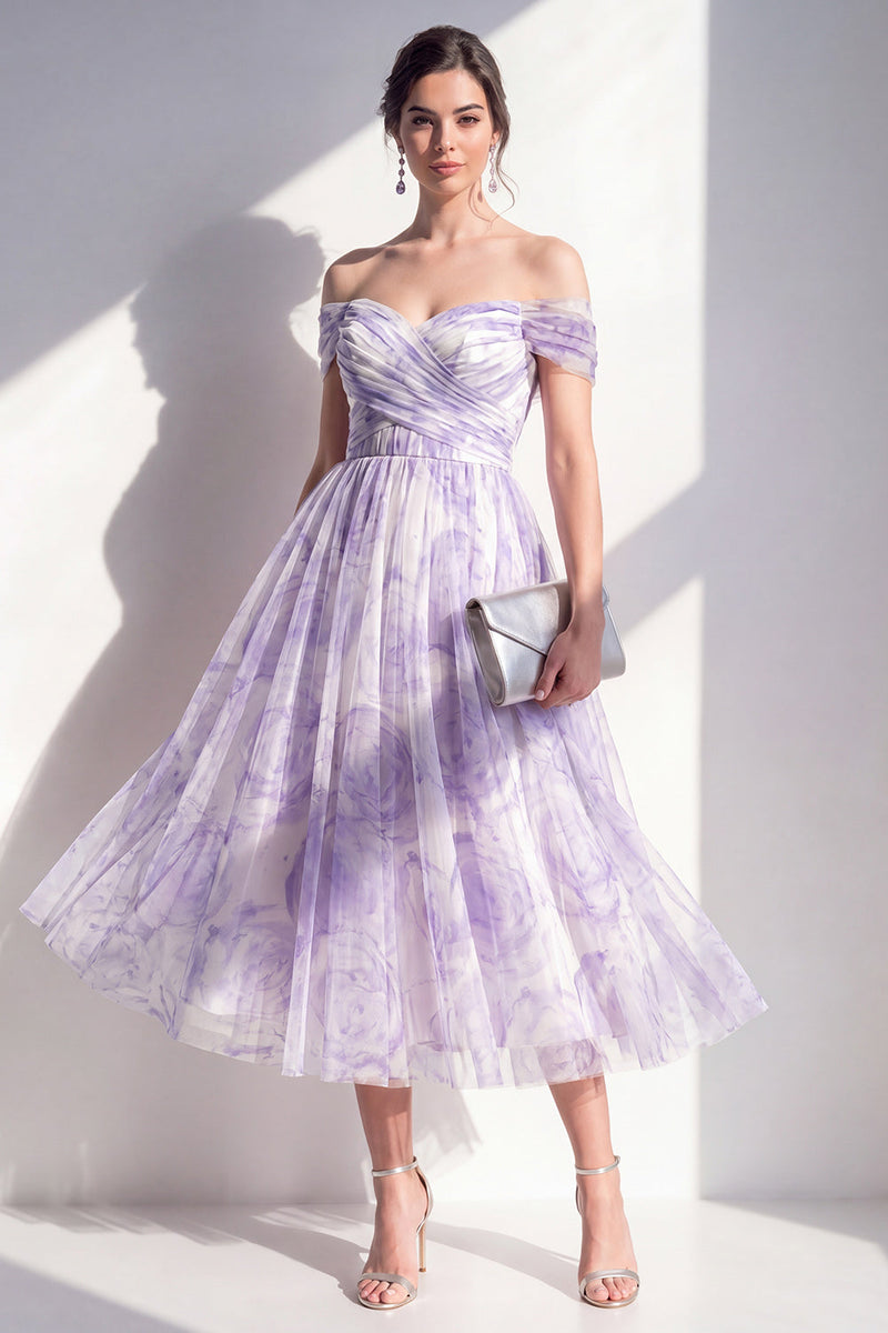 Laden Sie das Bild in den Galerie-Viewer, Fliederfarbenes A-Linien-Falsch-Midi-Blumenkleid mit A-Linie