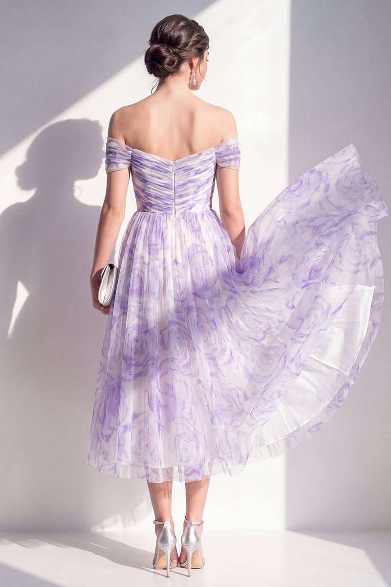 Laden Sie das Bild in den Galerie-Viewer, Fliederfarbenes A-Linien-Falsch-Midi-Blumenkleid mit A-Linie