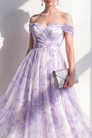 Laden Sie das Bild in den Galerie-Viewer, Fliederfarbenes A-Linien-Falsch-Midi-Blumenkleid mit A-Linie