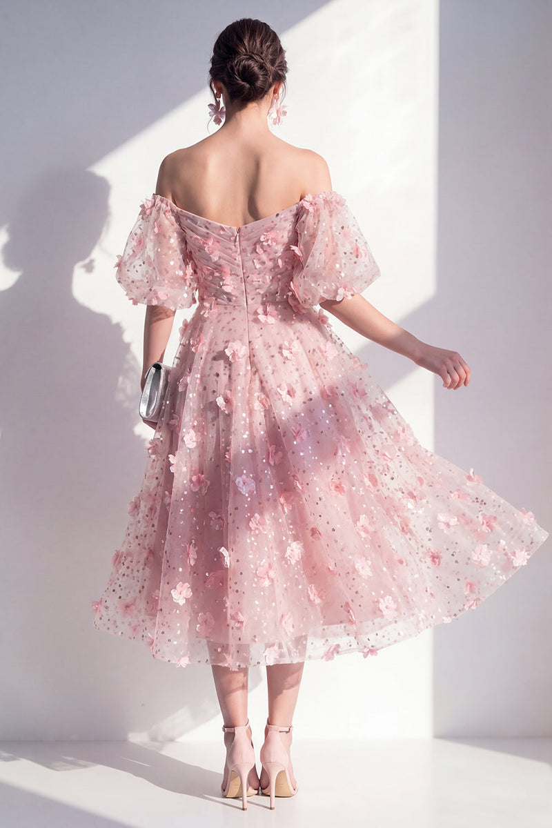 Laden Sie das Bild in den Galerie-Viewer, Blush-Off-the-shoulder A-Linie mit gerafften Pailletten Blumen-Midi-Kleid