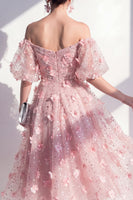 Laden Sie das Bild in den Galerie-Viewer, Blush-Off-the-shoulder A-Linie mit gerafften Pailletten Blumen-Midi-Kleid