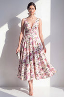 Laden Sie das Bild in den Galerie-Viewer, Blush-V-Ausschnitt A-Linie, gerafftes Midi-Blumenkleid