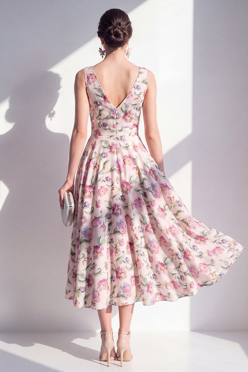 Laden Sie das Bild in den Galerie-Viewer, Blush-V-Ausschnitt A-Linie, gerafftes Midi-Blumenkleid