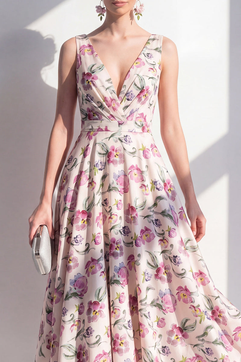 Laden Sie das Bild in den Galerie-Viewer, Blush-V-Ausschnitt A-Linie, gerafftes Midi-Blumenkleid