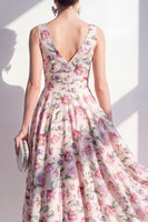 Laden Sie das Bild in den Galerie-Viewer, Blush-V-Ausschnitt A-Linie, gerafftes Midi-Blumenkleid