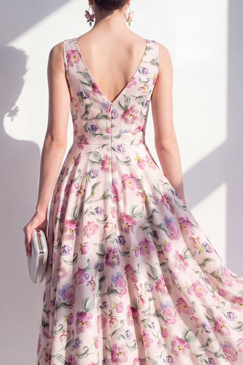 Laden Sie das Bild in den Galerie-Viewer, Blush-V-Ausschnitt A-Linie, gerafftes Midi-Blumenkleid