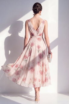 A-Line Chiffon Blush V-Ausschnitt mit gerafftem Midi-Blumenkleid