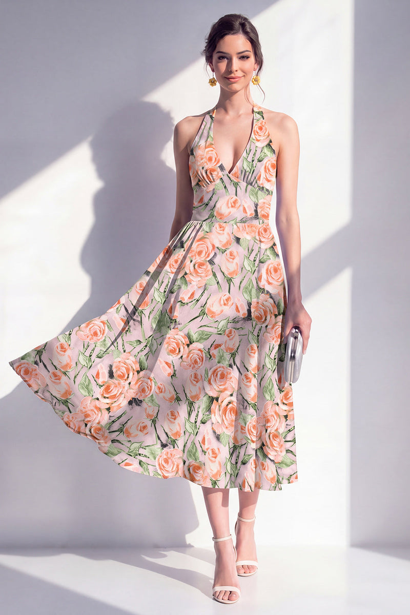 Laden Sie das Bild in den Galerie-Viewer, A-Linie pinkes Neckholder-Midi-Kleid mit A-Linie