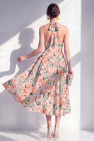 Laden Sie das Bild in den Galerie-Viewer, A-Linie pinkes Neckholder-Midi-Kleid mit A-Linie
