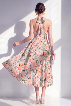 A-Linie pinkes Neckholder-Midi-Kleid mit A-Linie