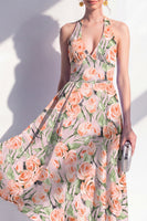 Laden Sie das Bild in den Galerie-Viewer, A-Linie pinkes Neckholder-Midi-Kleid mit A-Linie