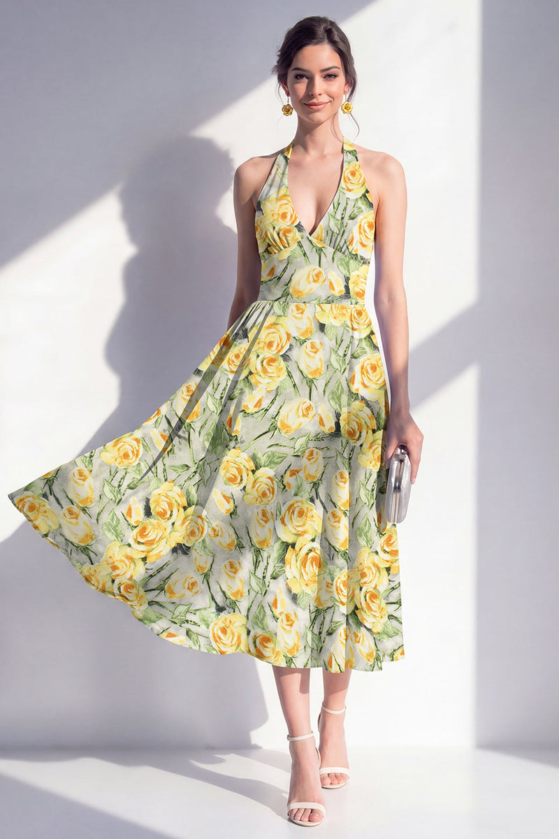 Laden Sie das Bild in den Galerie-Viewer, A-Linie pinkes Neckholder-Midi-Kleid mit A-Linie