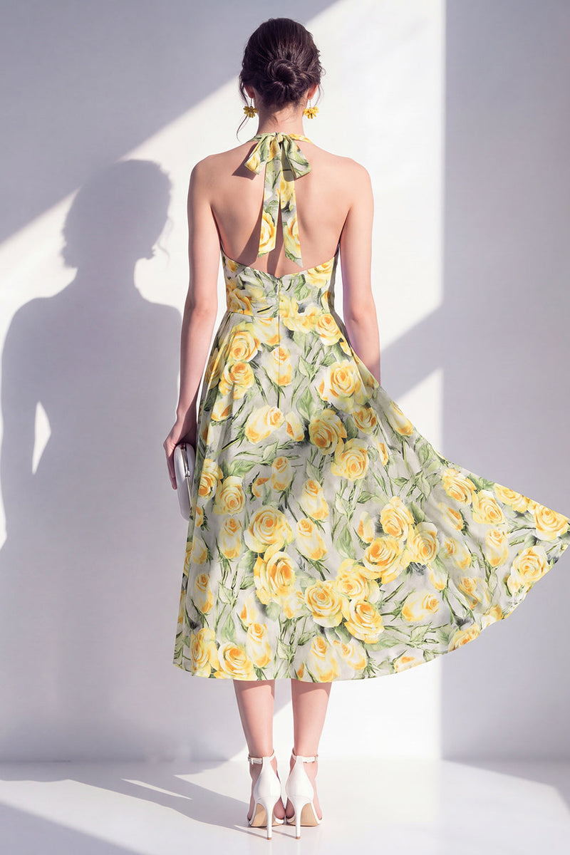 Laden Sie das Bild in den Galerie-Viewer, A-Linie pinkes Neckholder-Midi-Kleid mit A-Linie