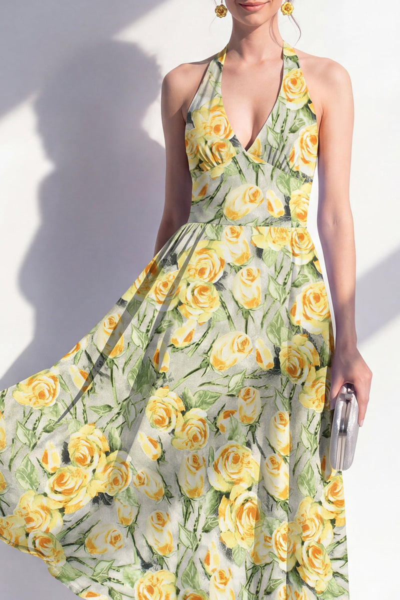 Laden Sie das Bild in den Galerie-Viewer, A-Linie pinkes Neckholder-Midi-Kleid mit A-Linie