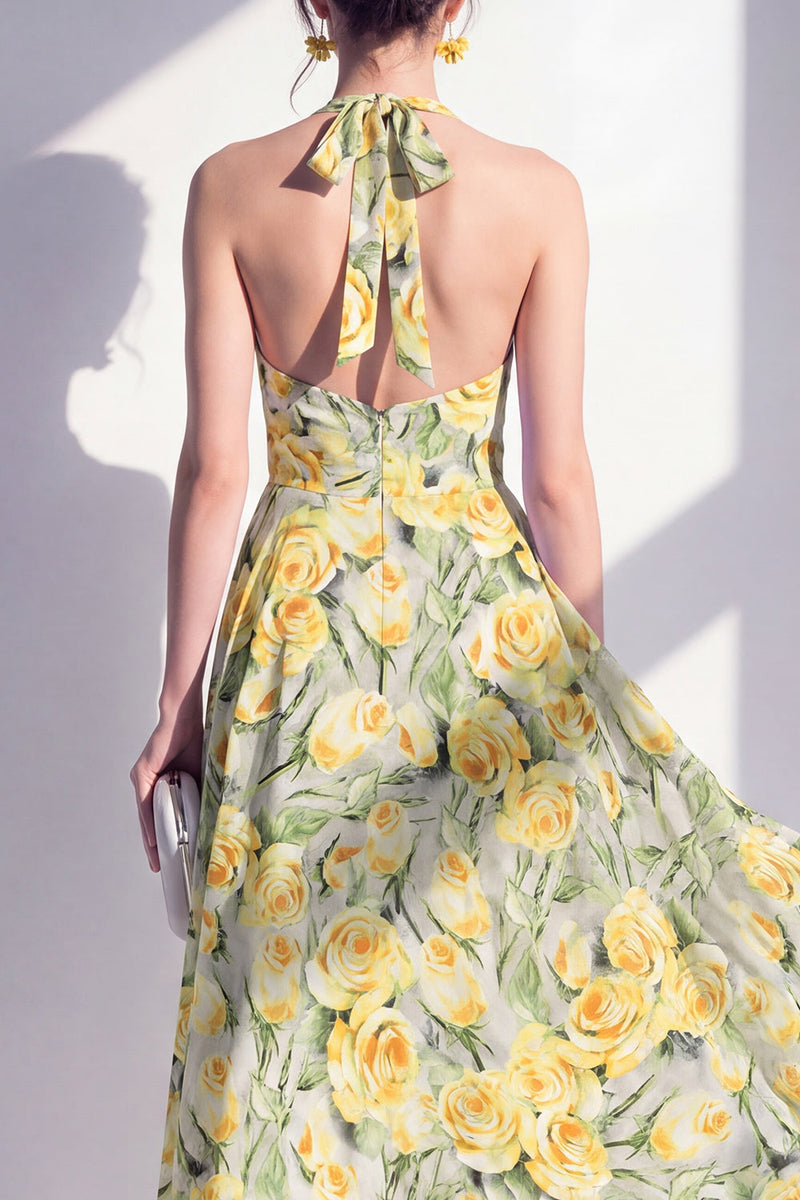 Laden Sie das Bild in den Galerie-Viewer, A-Linie pinkes Neckholder-Midi-Kleid mit A-Linie