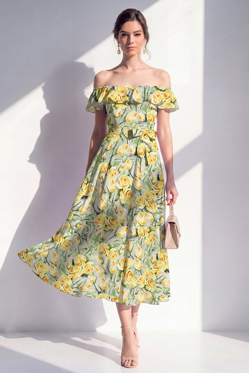 Laden Sie das Bild in den Galerie-Viewer, A-Linie rosa Midi-Kleid mit blühender Off-the-shoulder