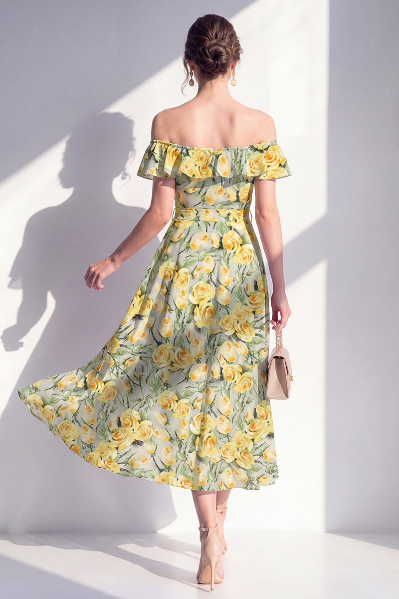 Laden Sie das Bild in den Galerie-Viewer, A-Linie rosa Midi-Kleid mit blühender Off-the-shoulder