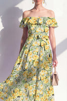 Laden Sie das Bild in den Galerie-Viewer, A-Linie rosa Midi-Kleid mit blühender Off-the-shoulder