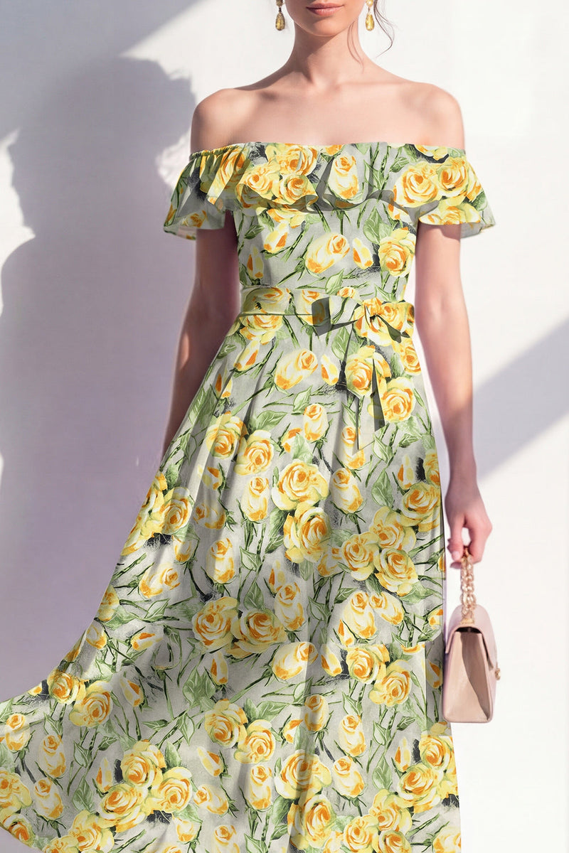 Laden Sie das Bild in den Galerie-Viewer, A-Linie rosa Midi-Kleid mit blühender Off-the-shoulder