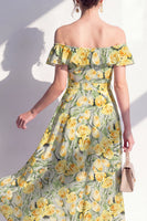 Laden Sie das Bild in den Galerie-Viewer, A-Linie rosa Midi-Kleid mit blühender Off-the-shoulder