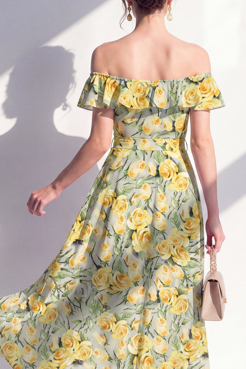 Laden Sie das Bild in den Galerie-Viewer, A-Linie rosa Midi-Kleid mit blühender Off-the-shoulder
