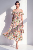 Laden Sie das Bild in den Galerie-Viewer, A-Linie rosa Midi-Kleid mit blühender Off-the-shoulder