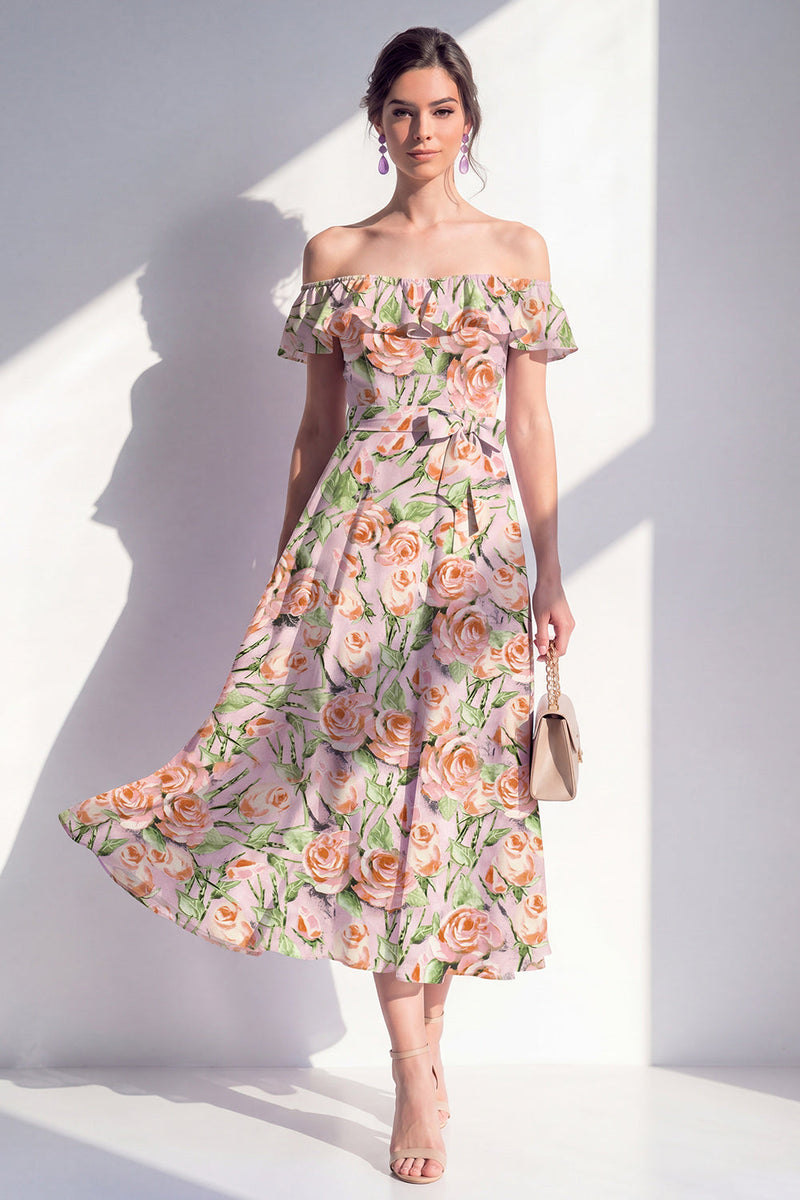 Laden Sie das Bild in den Galerie-Viewer, A-Linie rosa Midi-Kleid mit blühender Off-the-shoulder