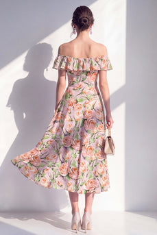A-Linie rosa Midi-Kleid mit blühender Off-the-shoulder