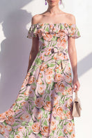 Laden Sie das Bild in den Galerie-Viewer, A-Linie rosa Midi-Kleid mit blühender Off-the-shoulder