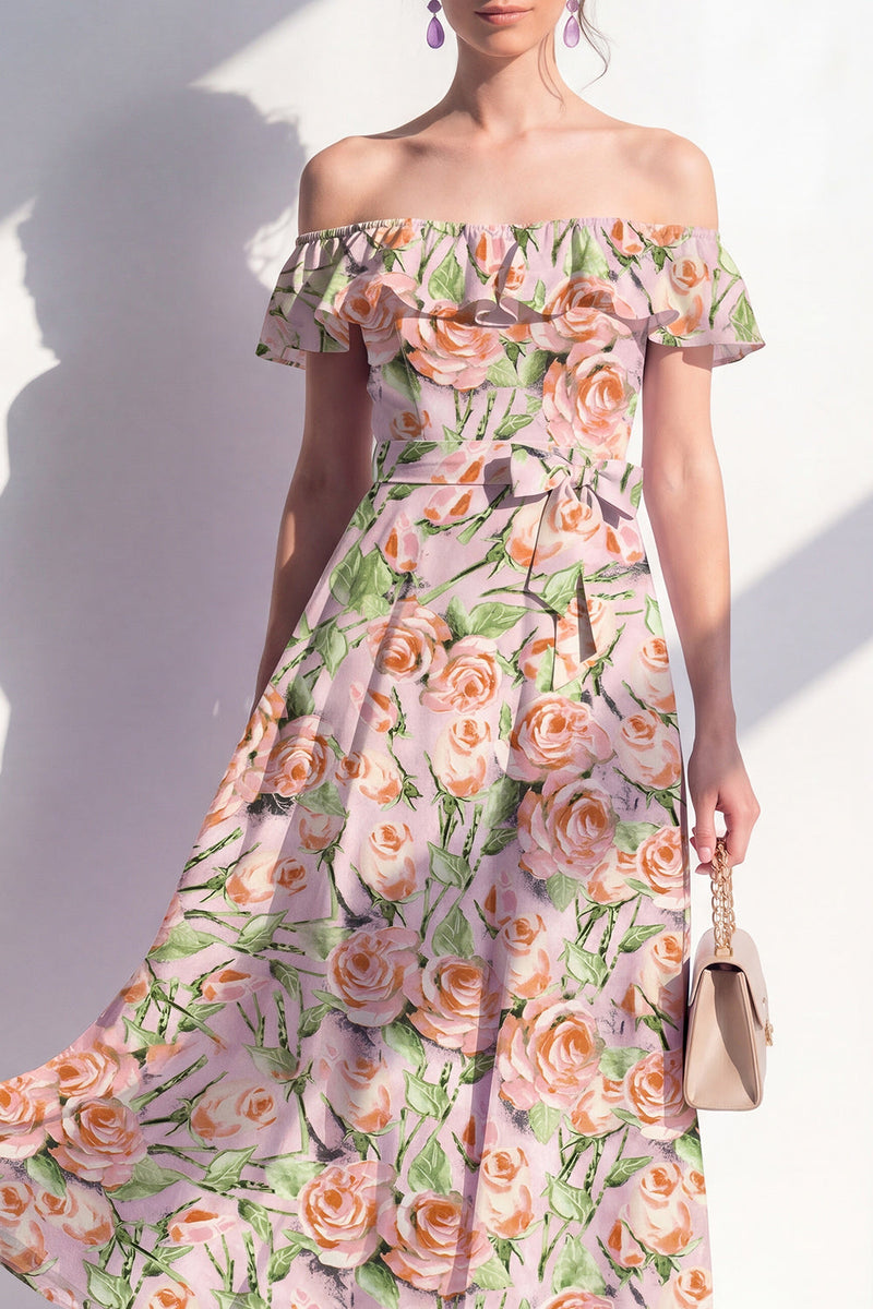 Laden Sie das Bild in den Galerie-Viewer, A-Linie rosa Midi-Kleid mit blühender Off-the-shoulder