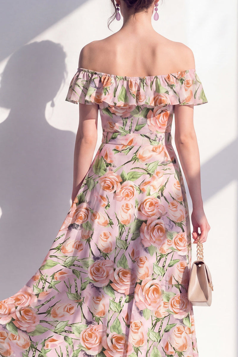 Laden Sie das Bild in den Galerie-Viewer, A-Linie rosa Midi-Kleid mit blühender Off-the-shoulder