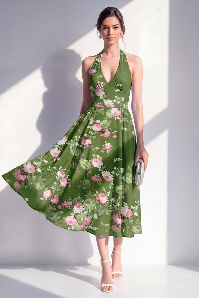 Laden Sie das Bild in den Galerie-Viewer, A-Line Chiffon Dunkelgrünes Neckholderhals-Midi-Blumenkleid