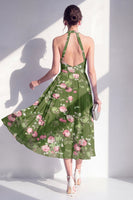 Laden Sie das Bild in den Galerie-Viewer, A-Line Chiffon Dunkelgrünes Neckholderhals-Midi-Blumenkleid