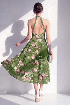 A-Line Chiffon Dunkelgrünes Neckholderhals-Midi-Blumenkleid