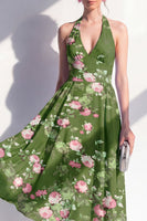 Laden Sie das Bild in den Galerie-Viewer, A-Line Chiffon Dunkelgrünes Neckholderhals-Midi-Blumenkleid